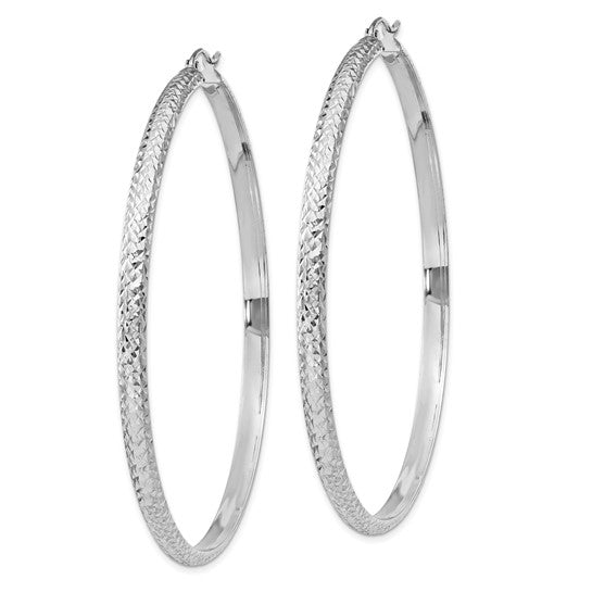 14k white gold large diamond cut textured classic round hoop earrings 67mm x 3.5mm