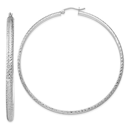 14k white gold large diamond cut textured classic round hoop earrings 67mm x 3.5mm