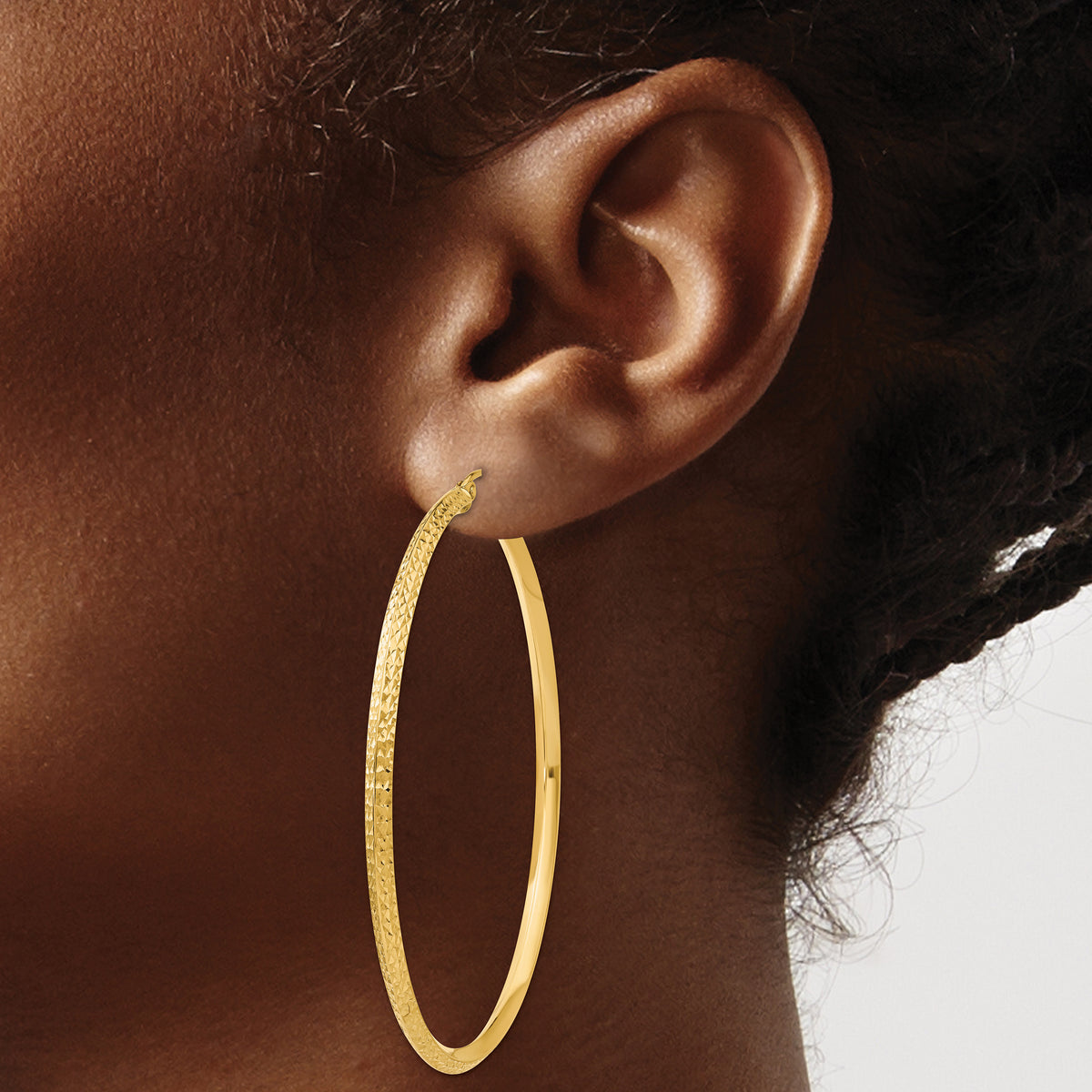 14K Yellow Gold 57mm x 2.5mm Diamond Cut Knife Edge Round Hoop Earrings