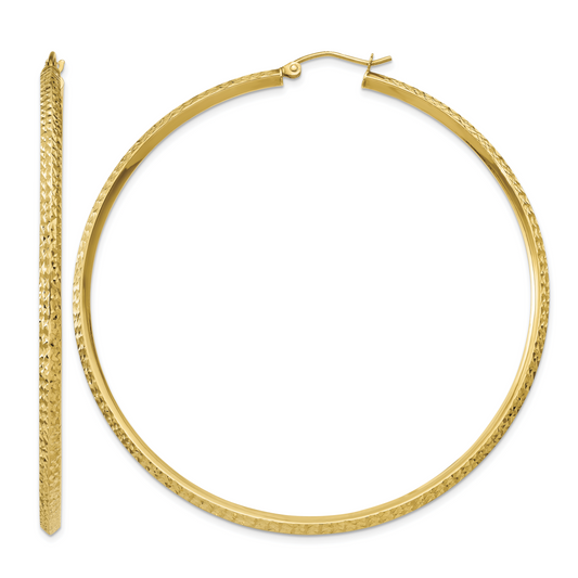 14K Yellow Gold 68mm x 2.5mm Diamond Cut Knife Edge Round Hoop Earrings
