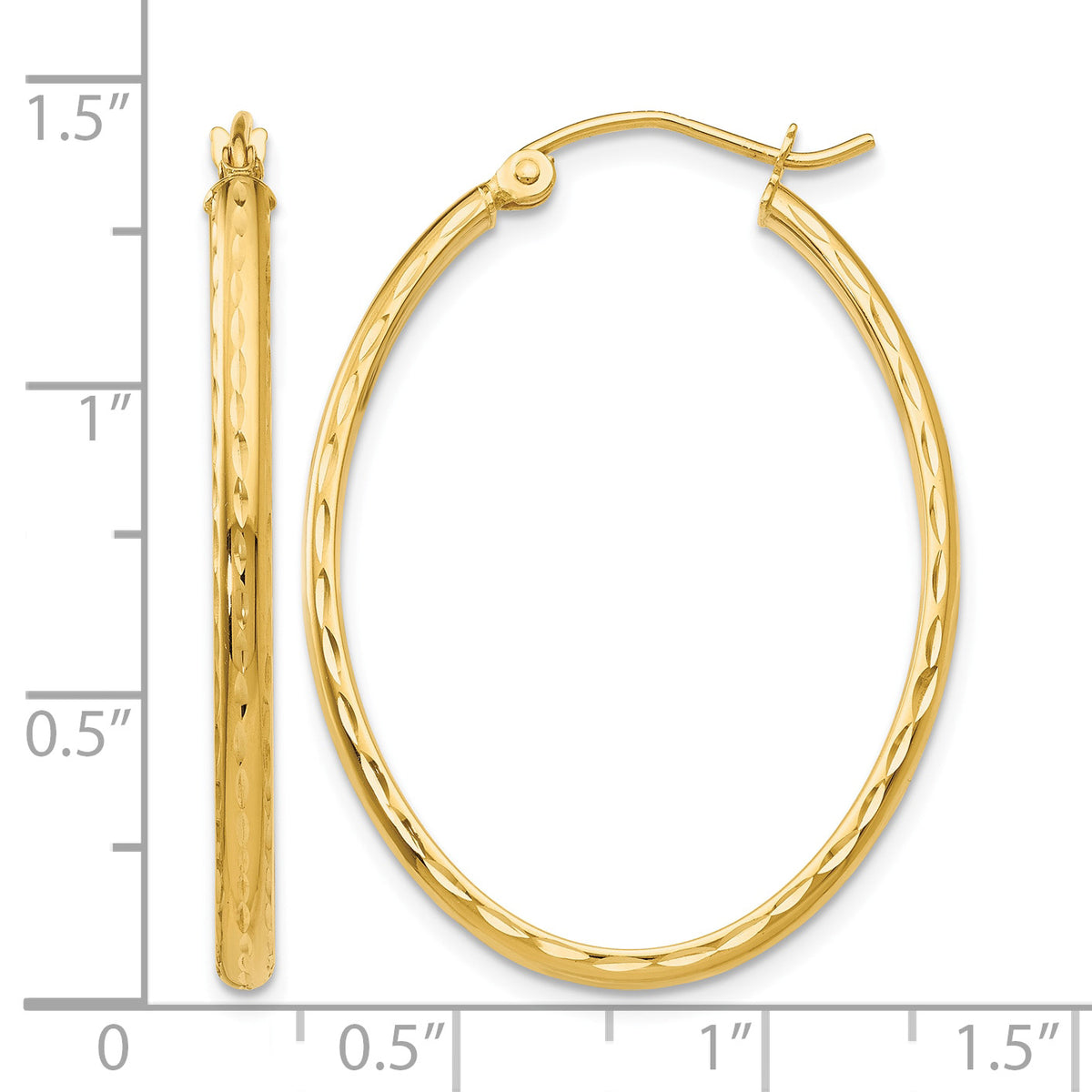 14K Yellow Gold 36mm x 25mm x 2.5mm Textured Oval Hoop Earrings