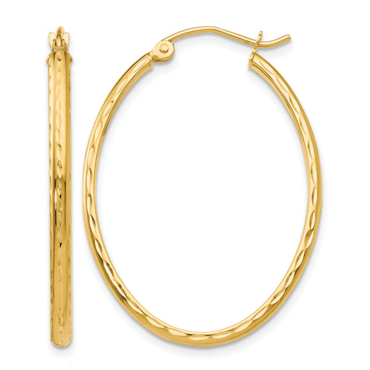14K Yellow Gold 36mm x 25mm x 2.5mm Textured Oval Hoop Earrings