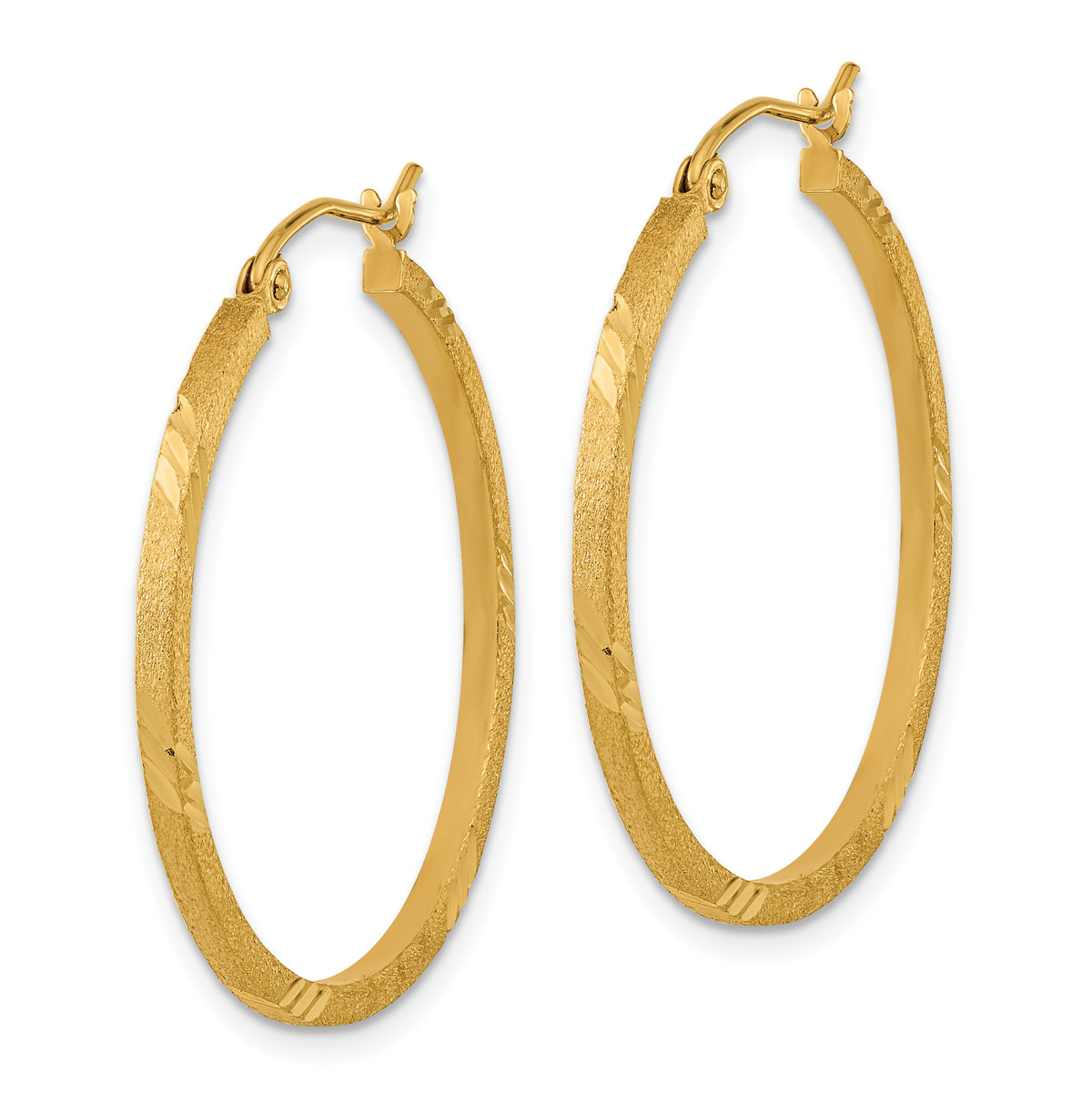 14K Yellow Gold 31.5mm x 1.75mm Satin Diamond Cut Square Tube Round Hoop Earrings