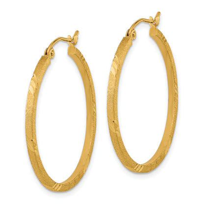 14K Yellow Gold 31.5mm x 1.75mm Satin Diamond Cut Square Tube Round Hoop Earrings