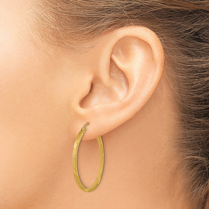 14K Yellow Gold 31.5mm x 1.75mm Satin Diamond Cut Square Tube Round Hoop Earrings