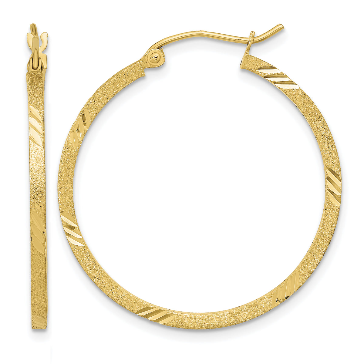14K Yellow Gold 31.5mm x 1.75mm Satin Diamond Cut Square Tube Round Hoop Earrings