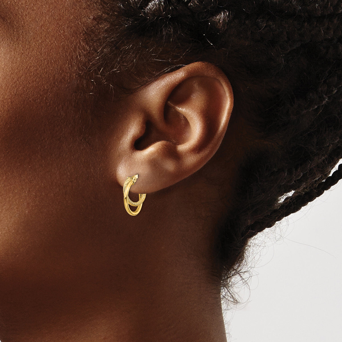 14K Yellow Gold 15.75mm x 3.5mm Textured Double Hoop Earrings