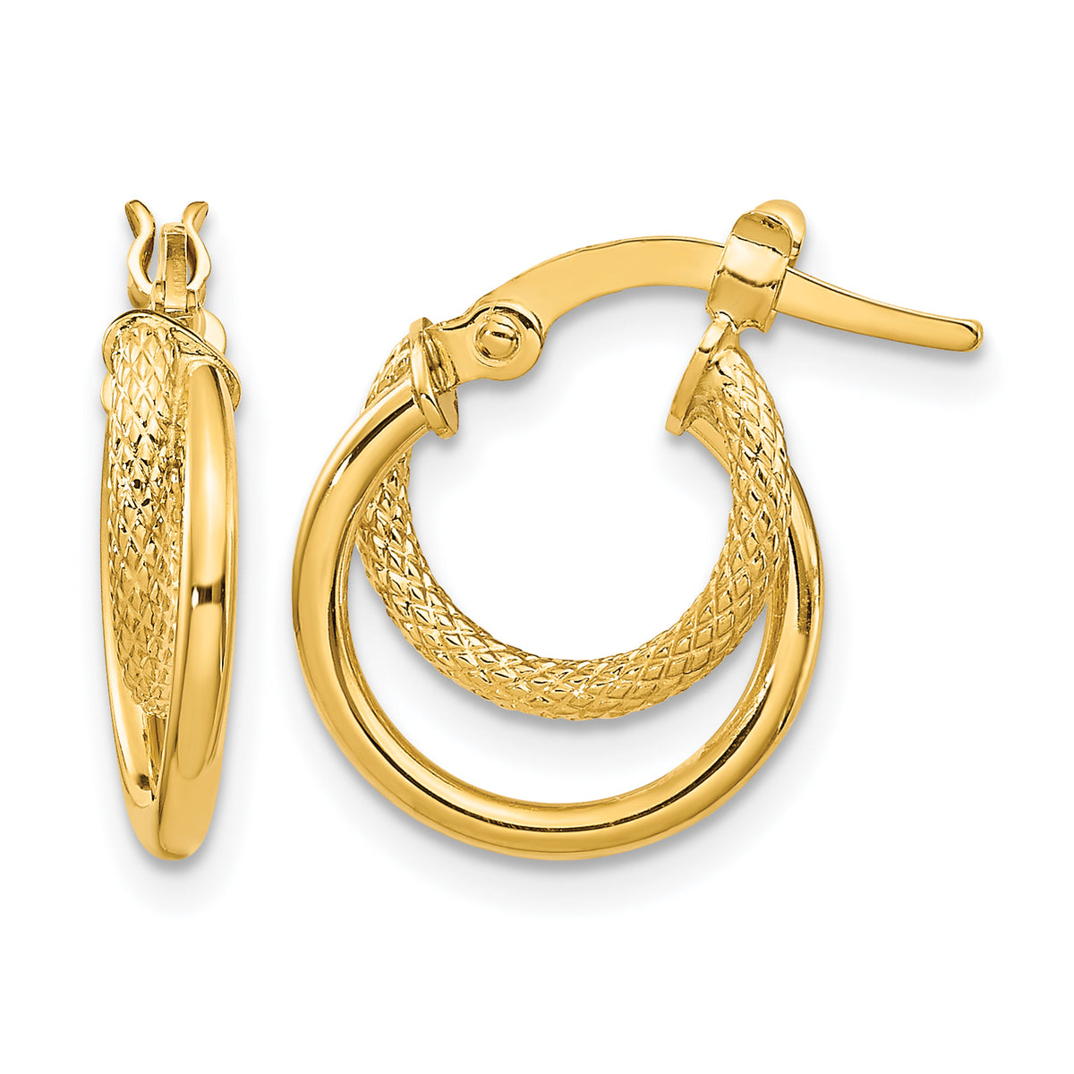 14K Yellow Gold 15.75mm x 3.5mm Textured Double Hoop Earrings