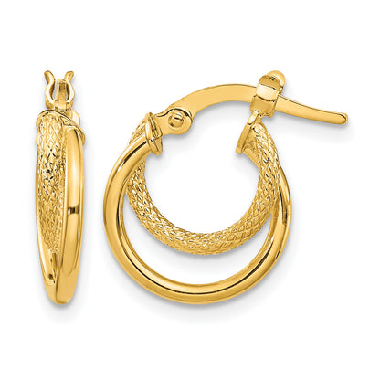 14K Yellow Gold 15.75mm x 3.5mm Textured Double Hoop Earrings
