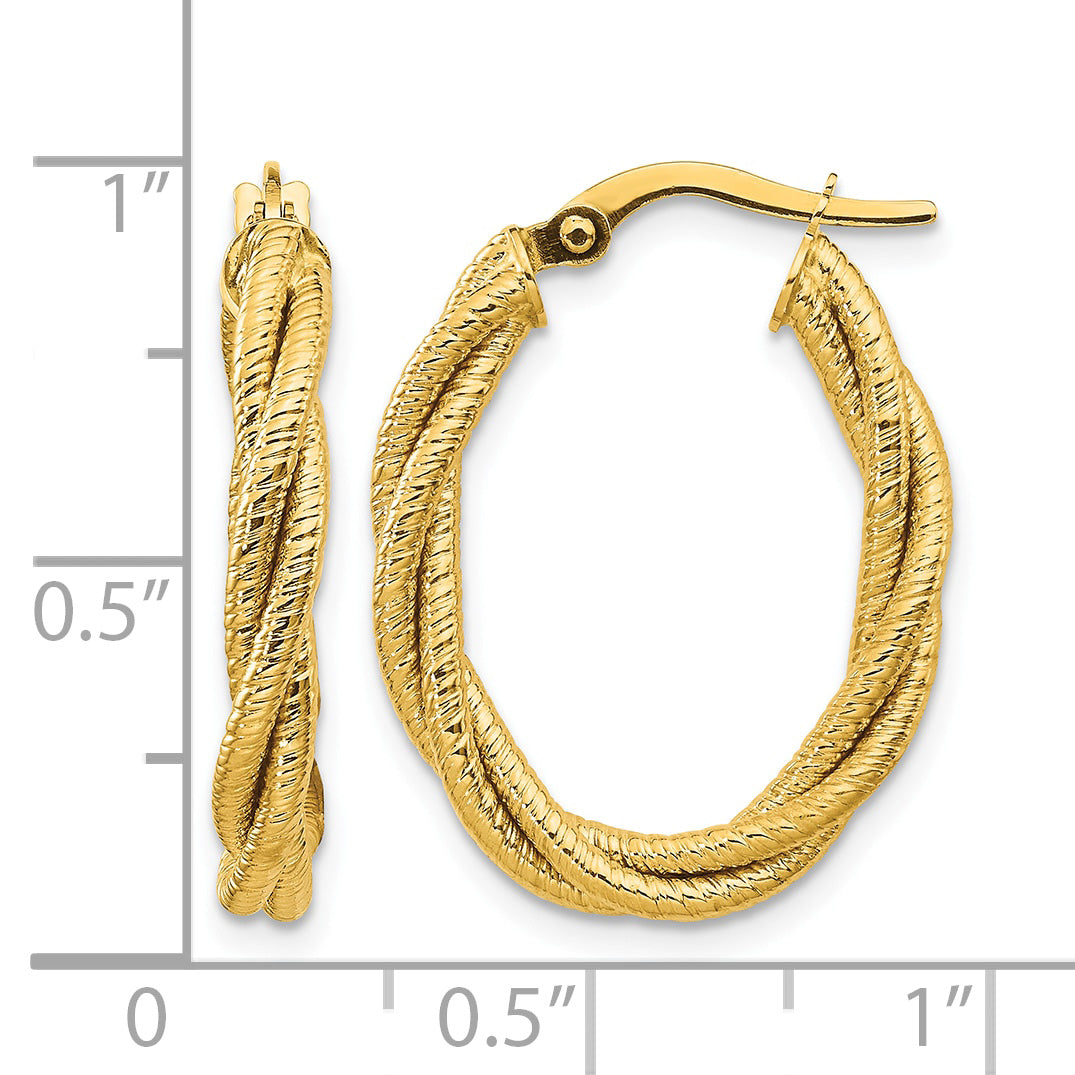 14K Yellow Gold 25.2×20.4×3.2 mm Textured Twisted Oval Hoop Earrings