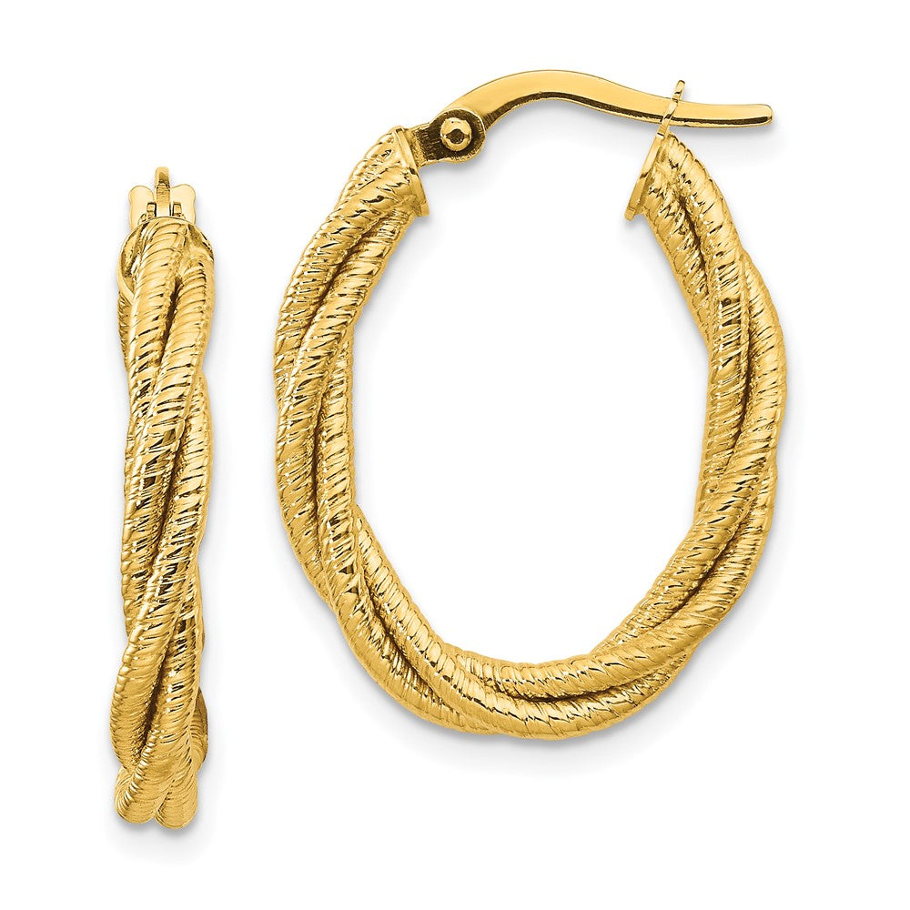 14K Yellow Gold 25.2×20.4×3.2 mm Textured Twisted Oval Hoop Earrings
