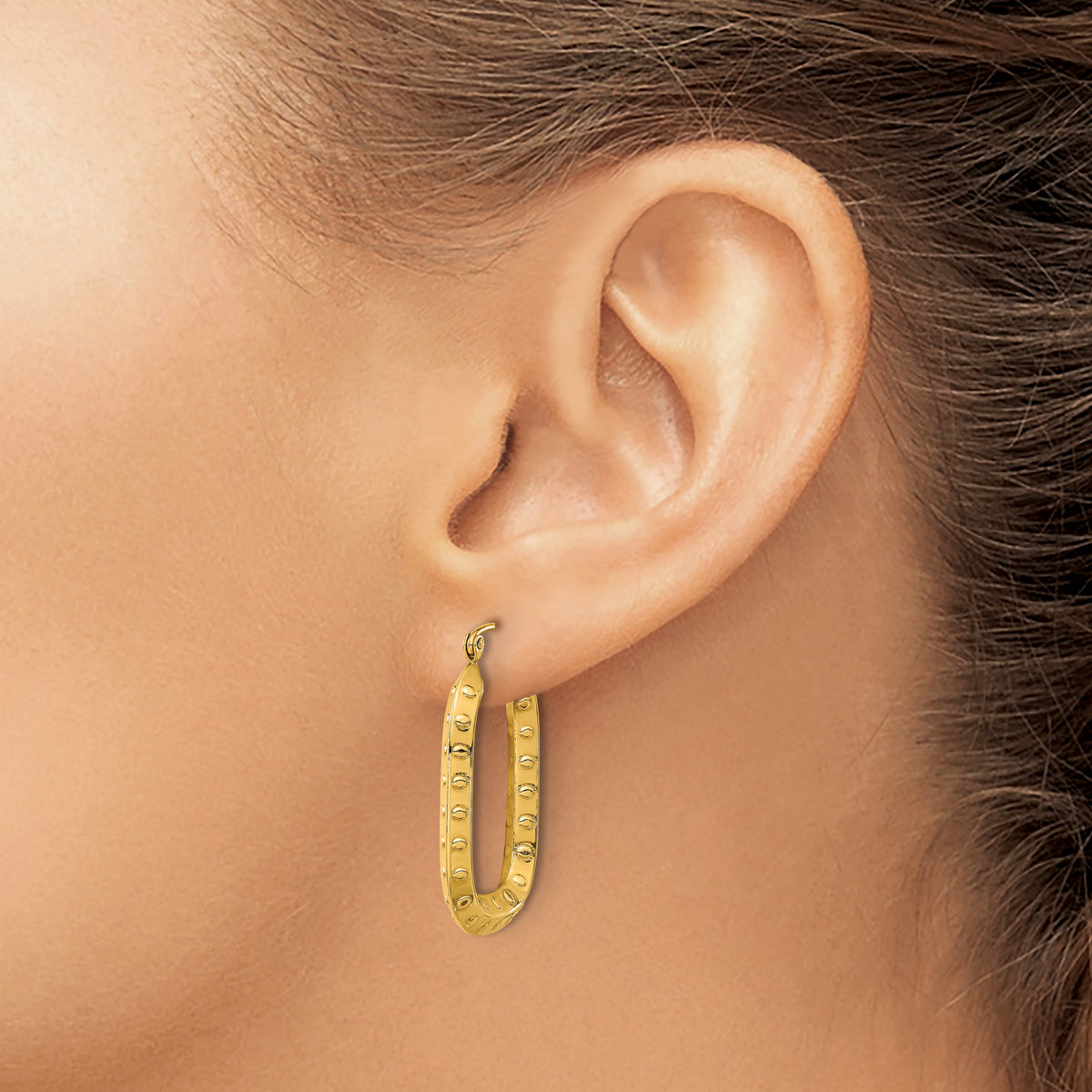 14K Yellow Gold 30mm x 19mm x 3mm Textured Rectangle Hoop Earrings