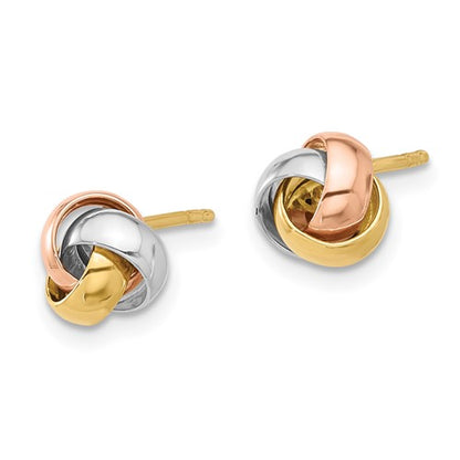 14k gold tri color 7mm love knot post earrings