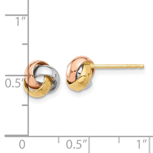 14k gold tri color 7mm love knot post earrings