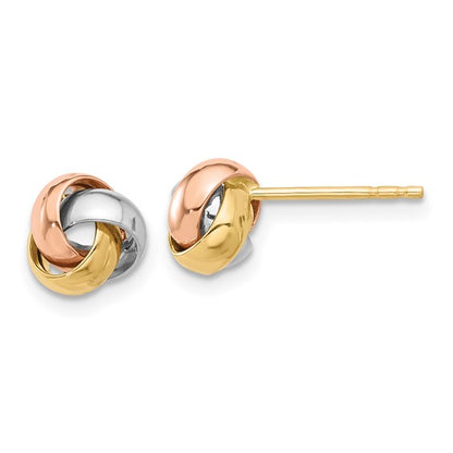 14k gold tri color 7mm love knot post earrings