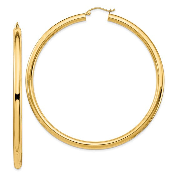 14K Yellow Gold 2.76 inch Large Round Classic Hoop Earrings Lightweight 70mm x 4mm