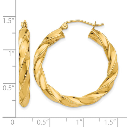 14K Yellow Gold Twisted Round Hoop Earrings 29.5mm x 4mm