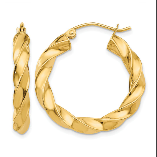 14K Yellow Gold Twisted Round Hoop Earrings 26.25mm x 4mm