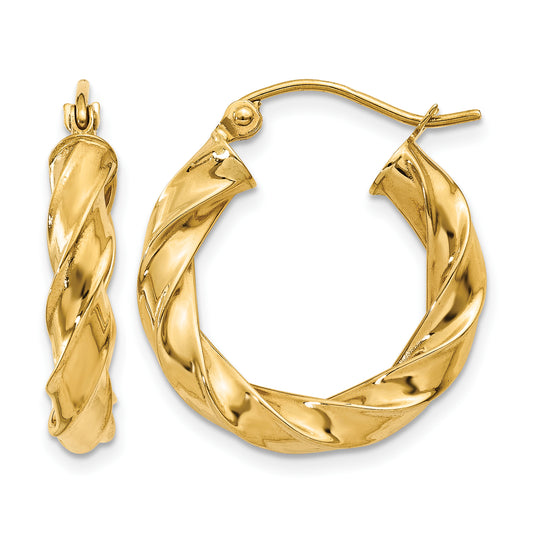 14K Yellow Gold Twisted Round Hoop Earrings 19.5mm x 4mm