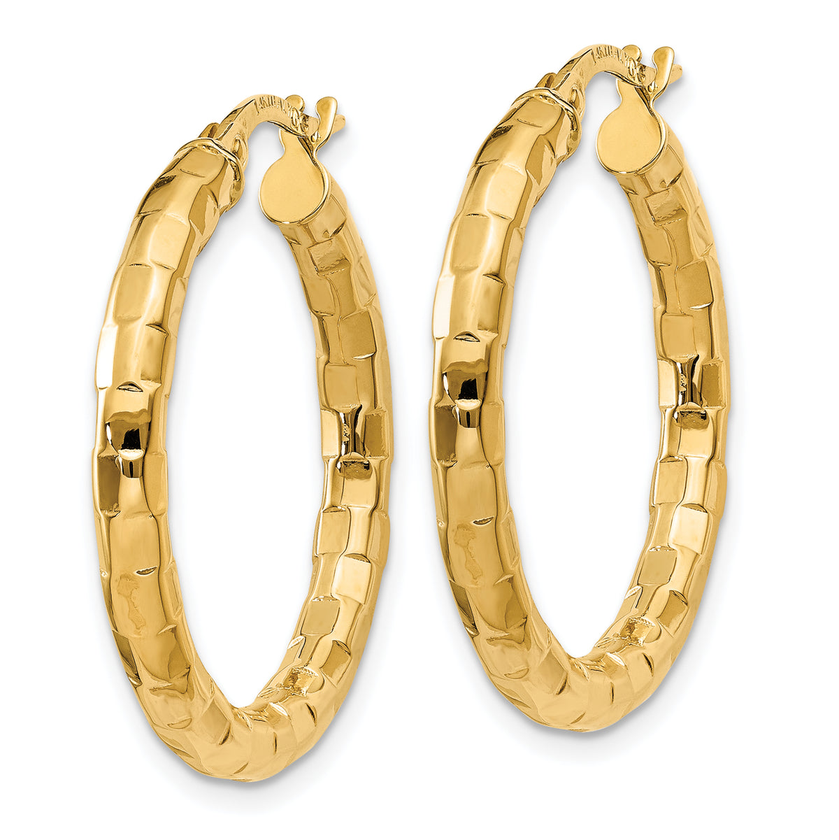 14K Yellow Gold 28mm x 2mm Modern Textured Round Hoop Earrings