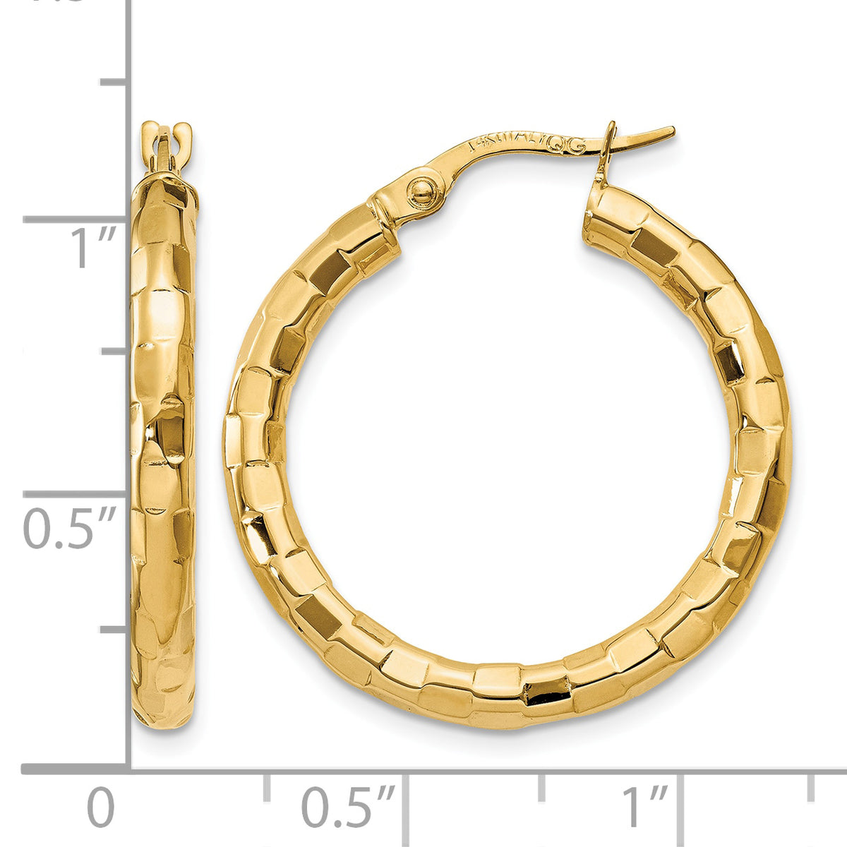 14K Yellow Gold 28mm x 2mm Modern Textured Round Hoop Earrings