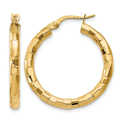 14K Yellow Gold 28mm x 2mm Modern Textured Round Hoop Earrings