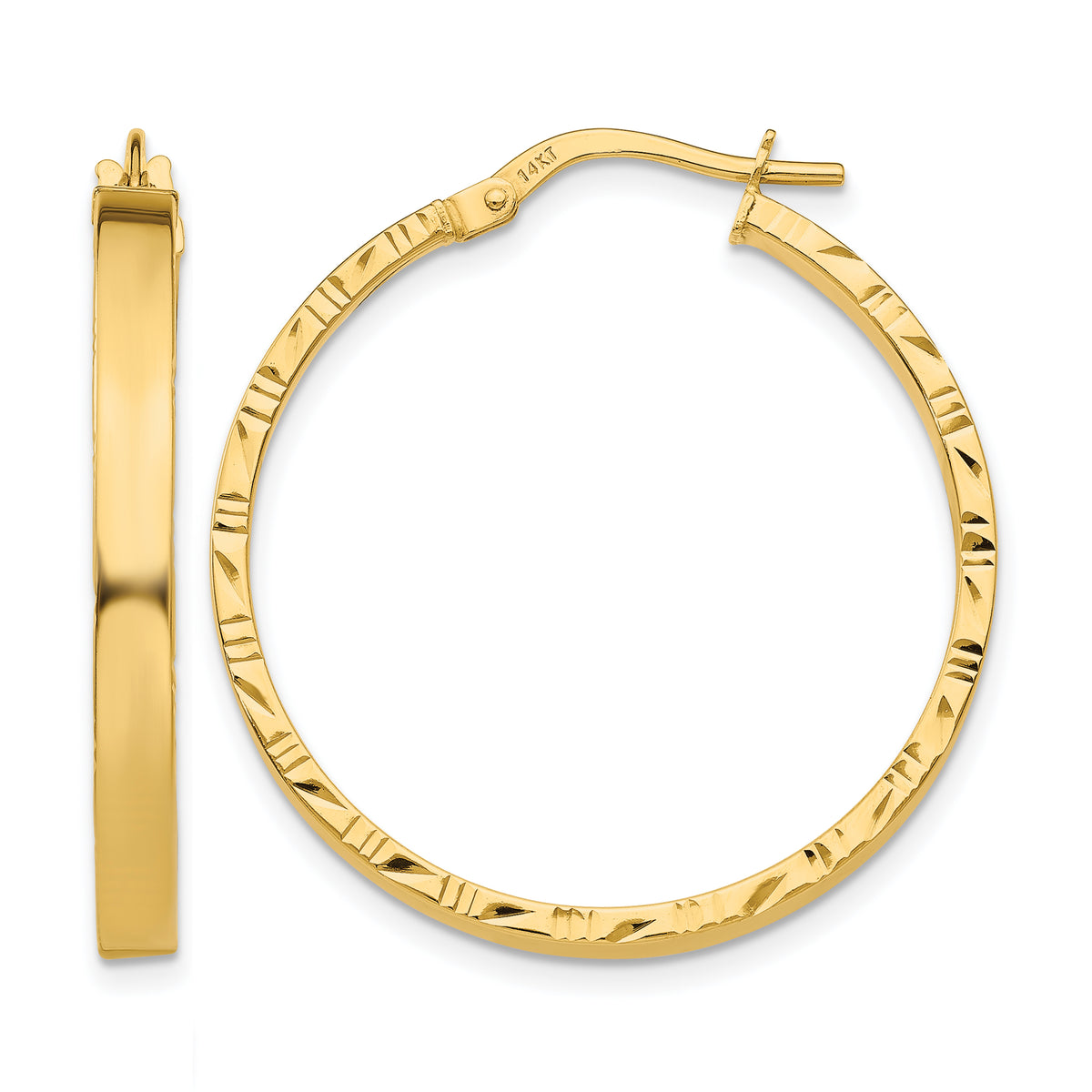 14K Yellow Gold 30mm x 3mm Diamond Cut Edge Round Hoop Earrings