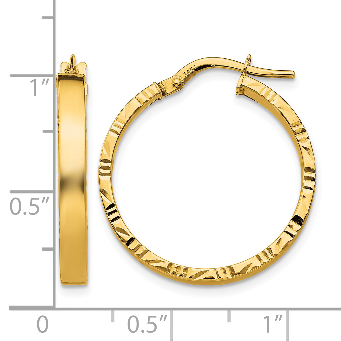 14K Yellow Gold 25mm x 3mm Diamond Cut Edge Round Hoop Earrings