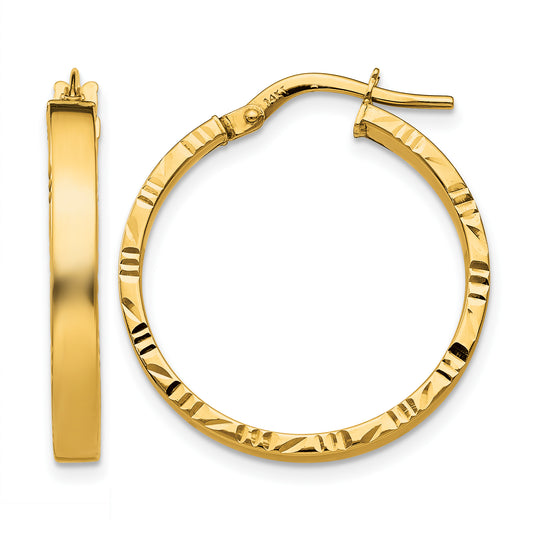 14K Yellow Gold 25mm x 3mm Diamond Cut Edge Round Hoop Earrings