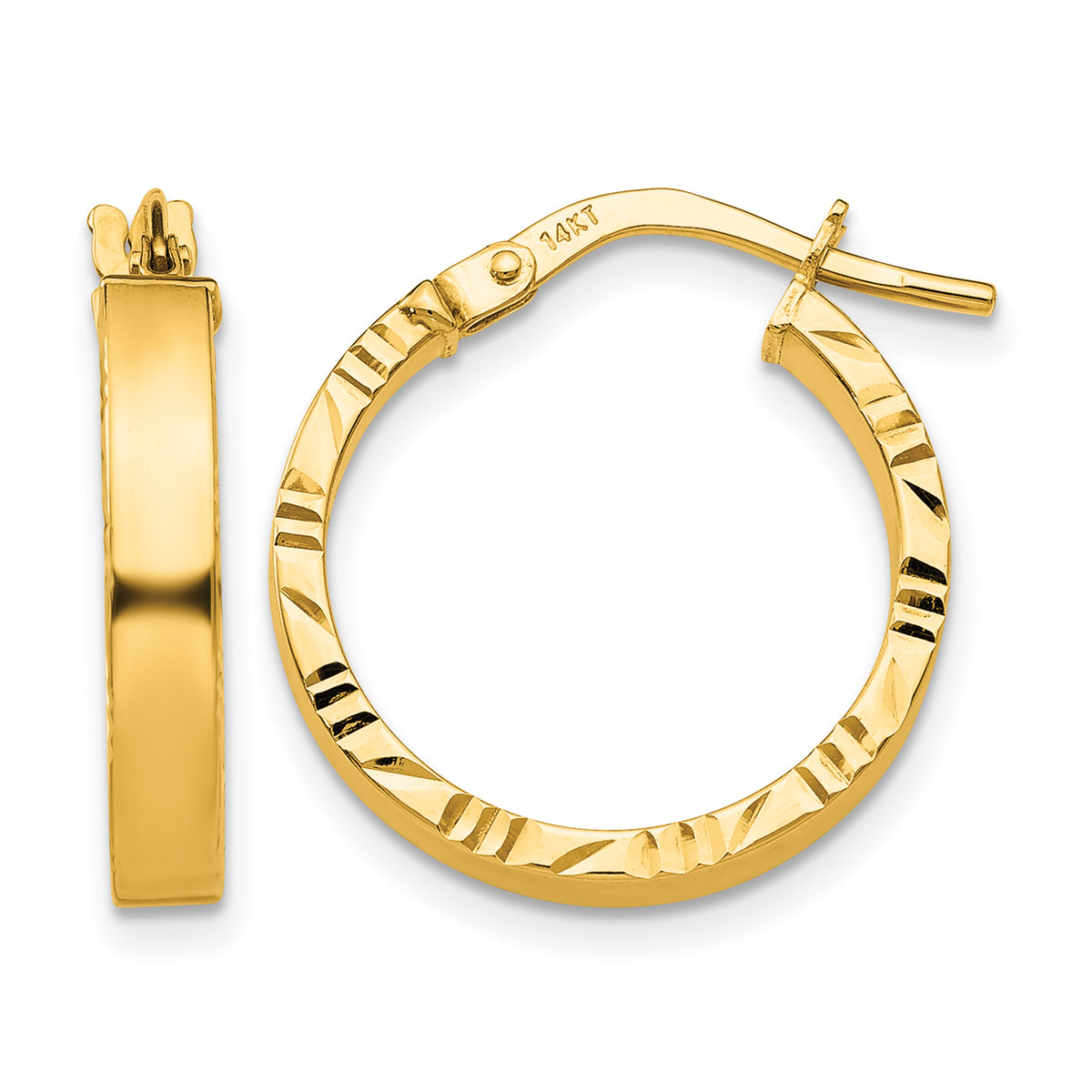 14K Yellow Gold 19mm x 3mm Diamond Cut Edge Round Hoop Earrings
