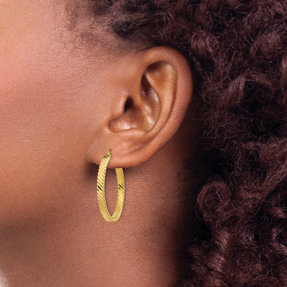 14K Yellow Gold 29mm x 3mm Textured Patterned Round Hoop Earrings