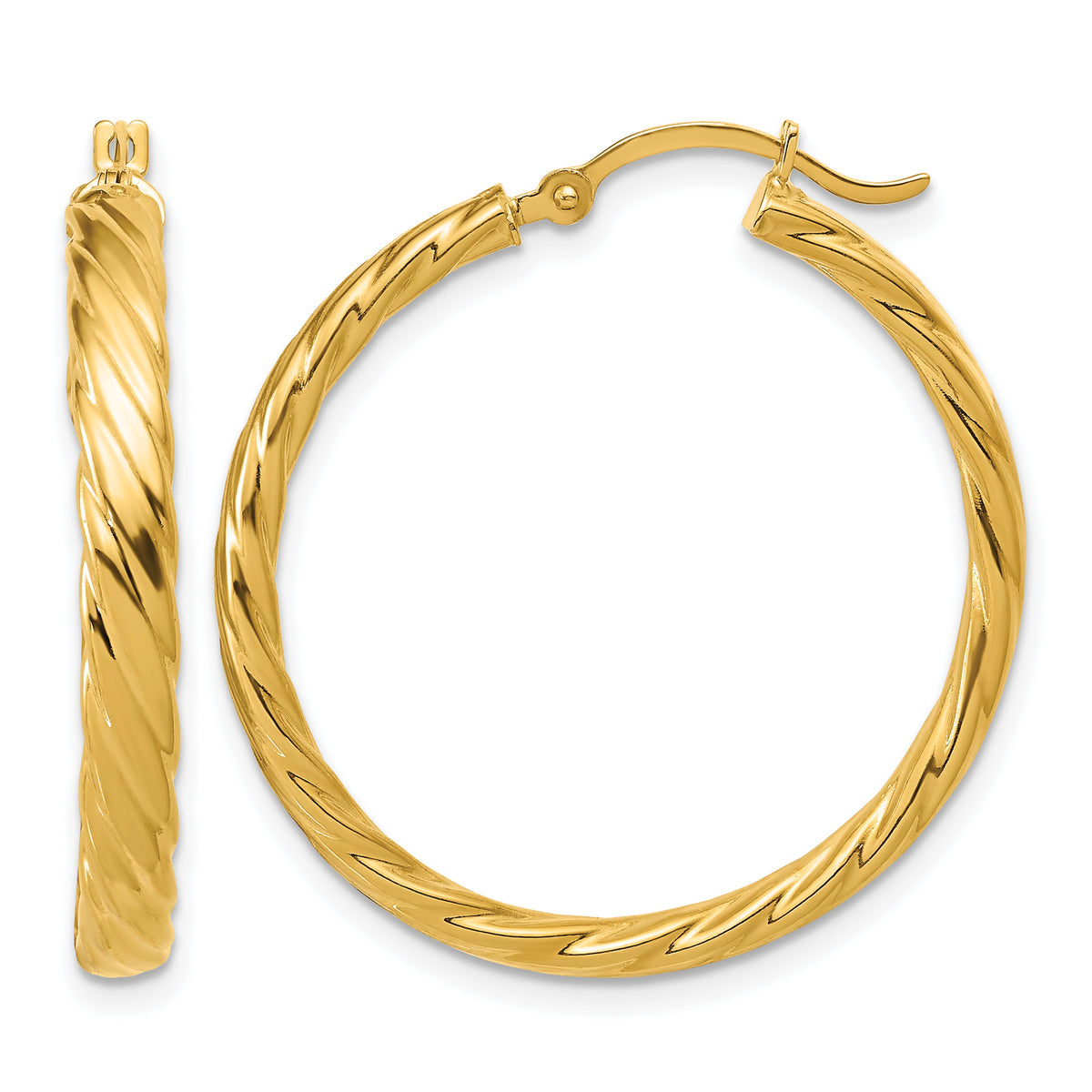 14K Yellow Gold 29mm x 3mm Textured Patterned Round Hoop Earrings