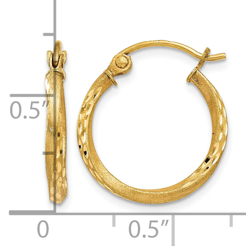 14K Yellow Gold 17mm x 2mm Satin Diamond Cut Twisted Round Hoop Earrings
