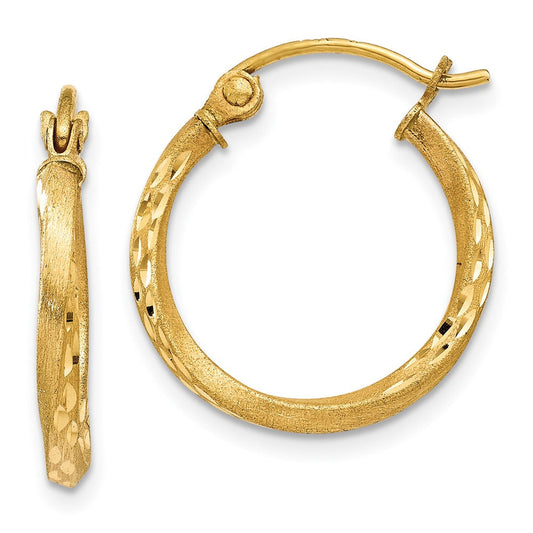 14K Yellow Gold 17mm x 2mm Satin Diamond Cut Twisted Round Hoop Earrings