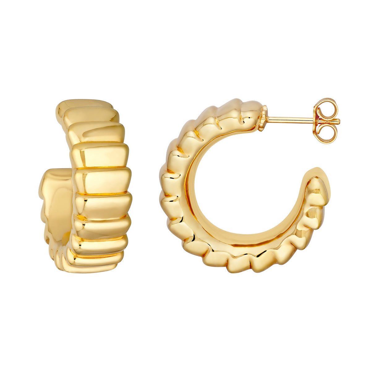 14k yellow gold round ribbed grooved open hoop earrings