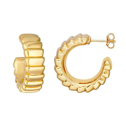 14k yellow gold round ribbed grooved open hoop earrings