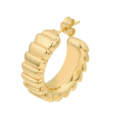 14k yellow gold round ribbed grooved open hoop earrings