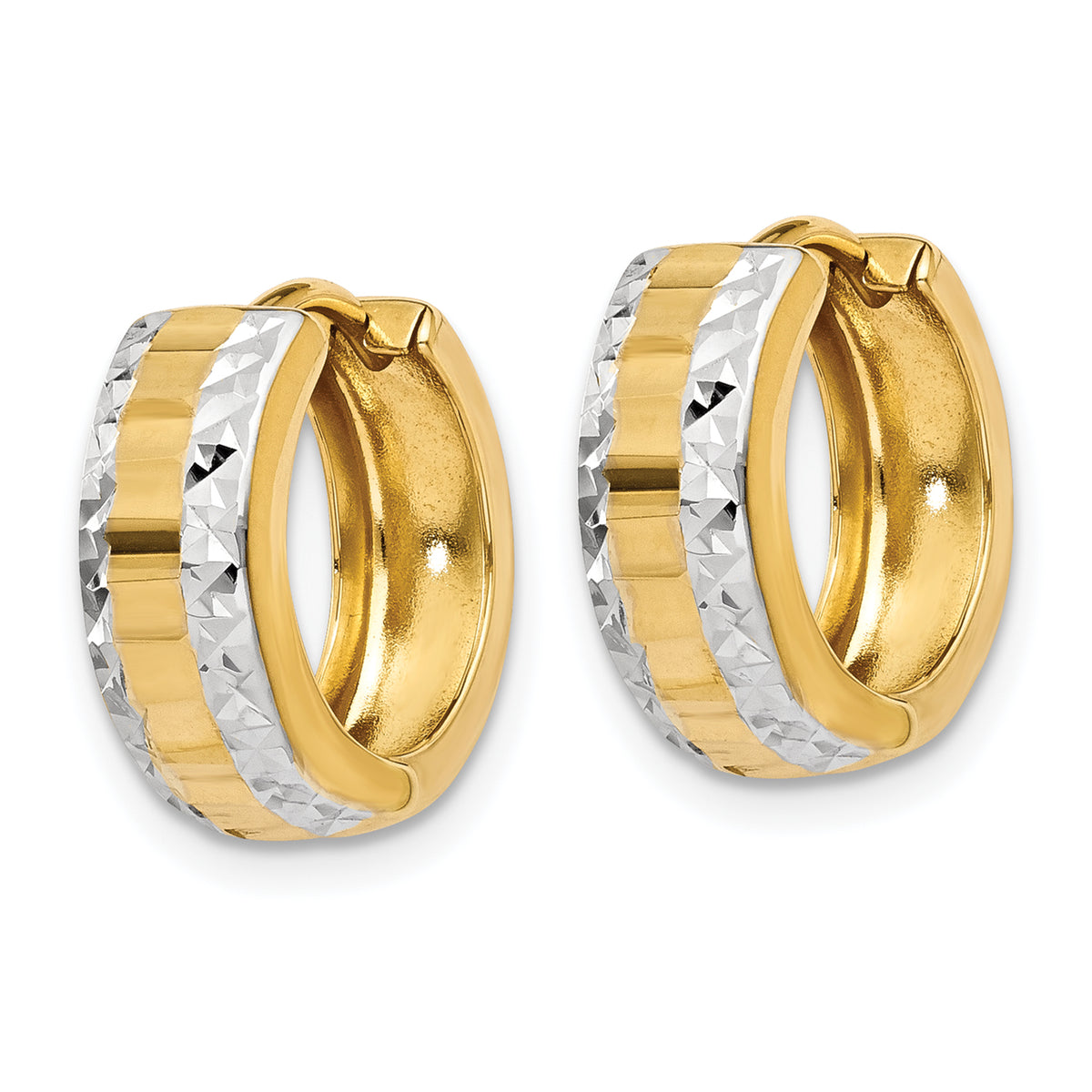 14K Yellow Gold and Rhodium 13mm x 13mm x 5mm Classic Hinged Hoop Huggie Earrings