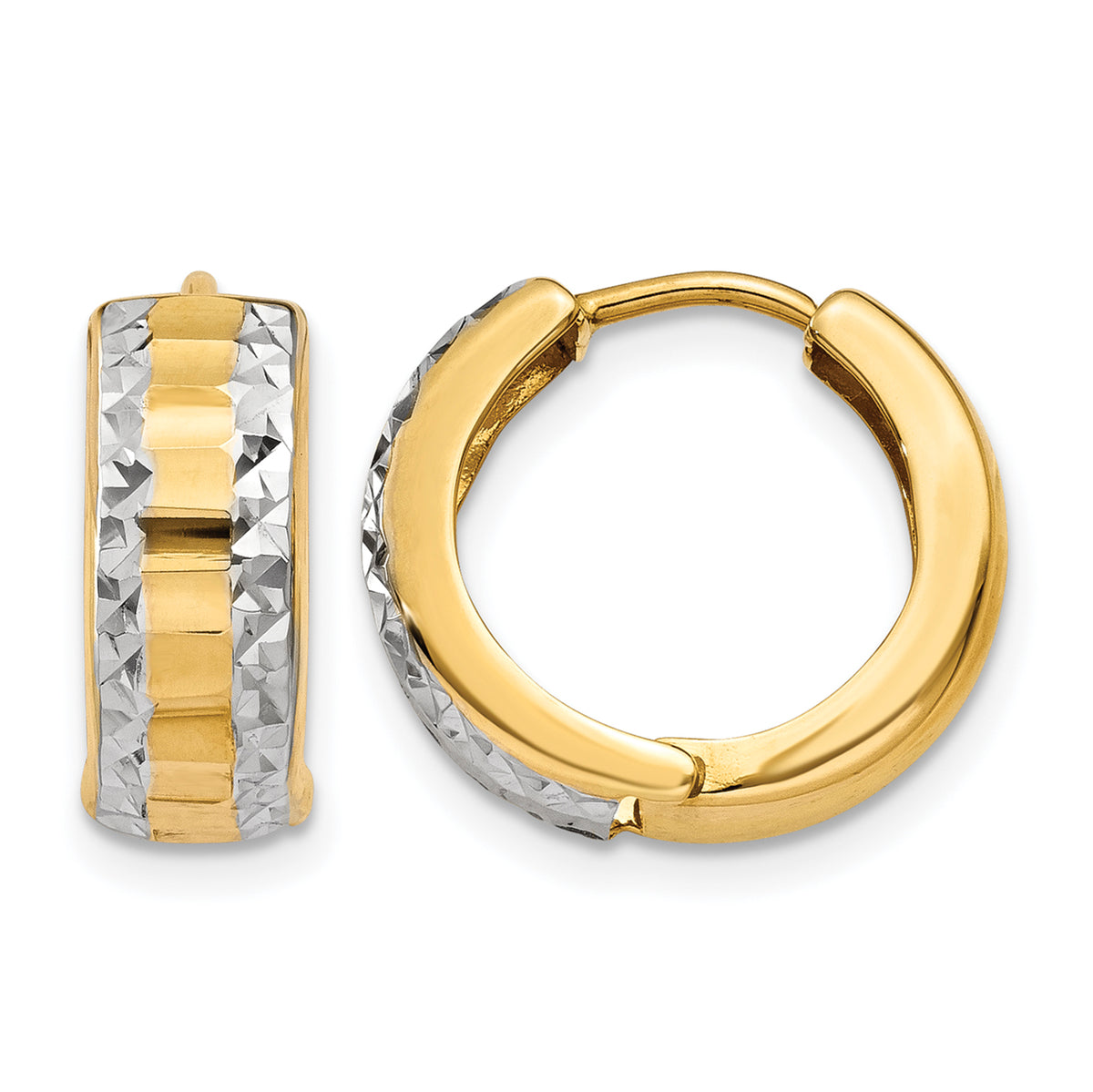 14K Yellow Gold and Rhodium 13mm x 13mm x 5mm Classic Hinged Hoop Huggie Earrings