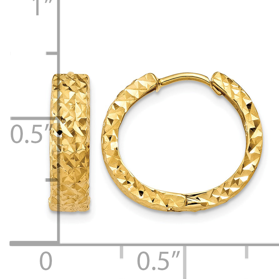 14K Yellow Gold 15×15×4 mm Textured Hinged Huggie Hoop Earrings
