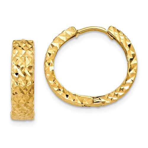 14K Yellow Gold 15×15×4 mm Textured Hinged Huggie Hoop Earrings