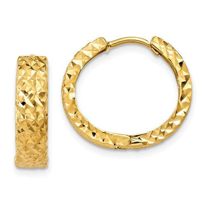 14K Yellow Gold 15×15×4 mm Textured Hinged Huggie Hoop Earrings