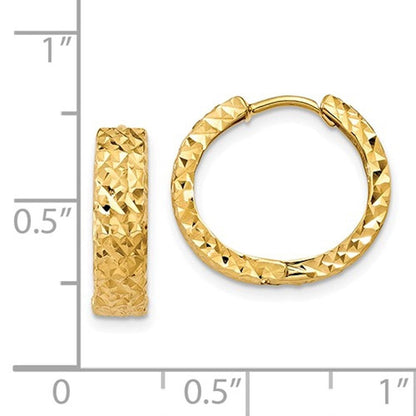 14K Yellow Gold 15×15×4 mm Textured Hinged Huggie Hoop Earrings