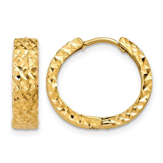 14K Yellow Gold 15×15×4 mm Textured Hinged Huggie Hoop Earrings