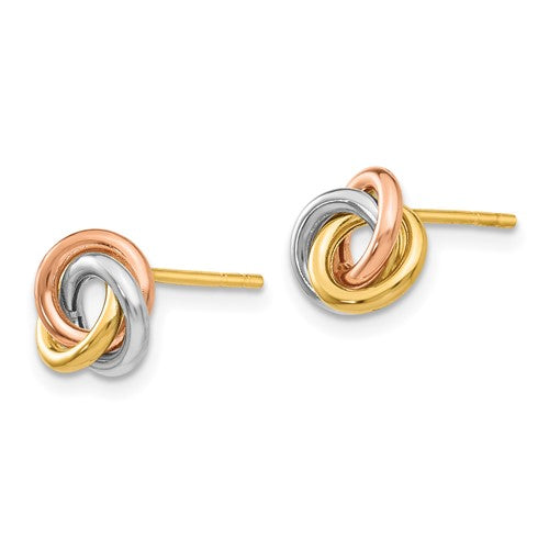 14k gold tri color 7mm love knot post earrings