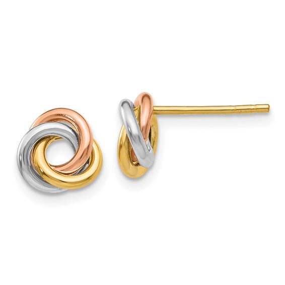 14k gold tri color 7mm love knot post earrings