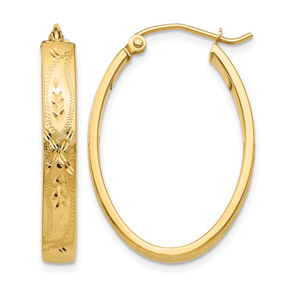 14K Yellow Gold 30mm x 21mm x 4mm Floral Design Oval Hoop Earrings