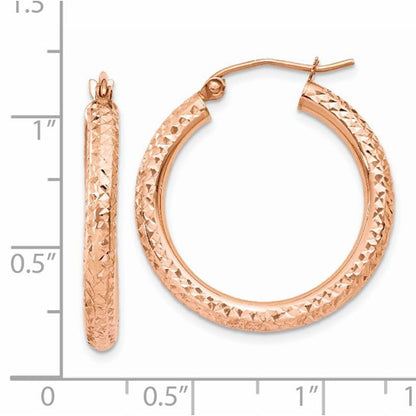 14k rose gold diamond cut textured classic round hoop earrings 25mm x 3mm