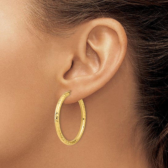 10k yellow gold diamond cut round endless hoop earrings 33mm x 3mm