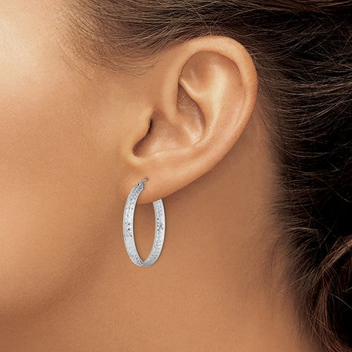 14k white gold diamond cut inside outside round hoop earrings 26mm x 3.75mm